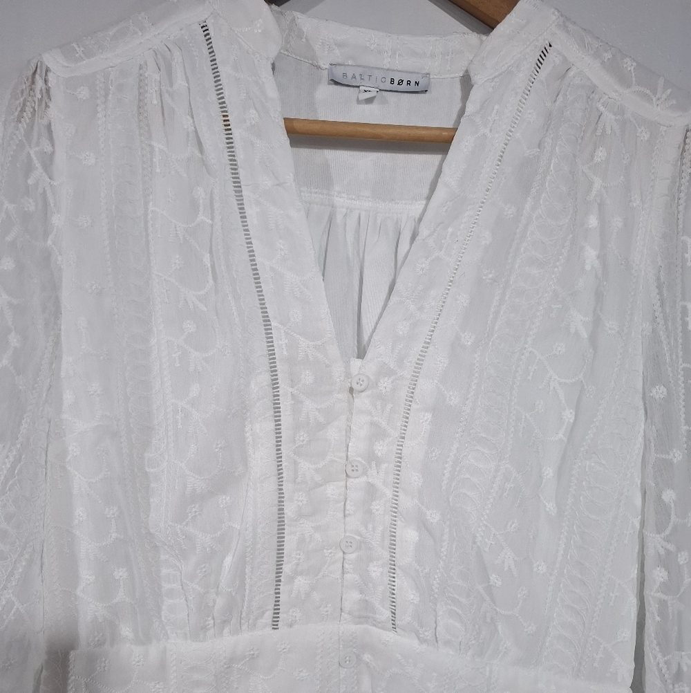 Baltic Born White Eyelet Embroidered Ruffle Long Sleves Midi Dress Sz XL Cottage - Picture 4 of 12